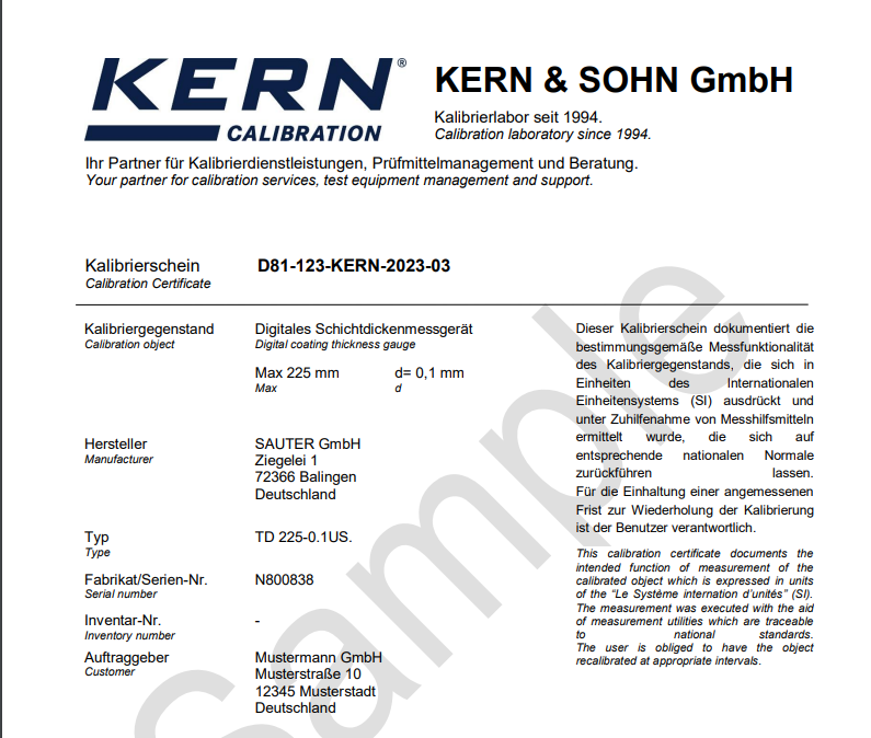 961-110 Factory Calibration Certificate Thickness