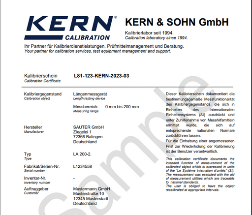 961-190 Factory Calibration Certificate Light