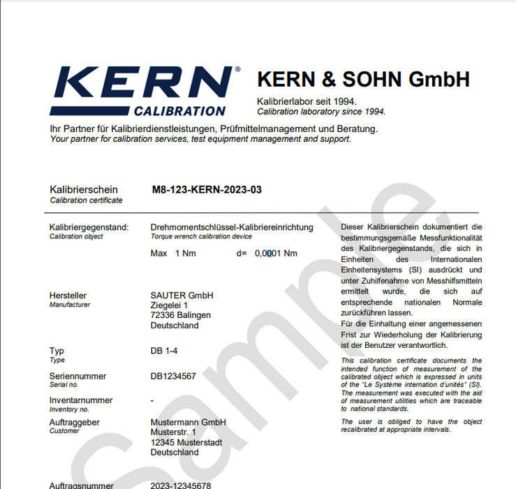 961-120 Factory Calibration Certificate Torque